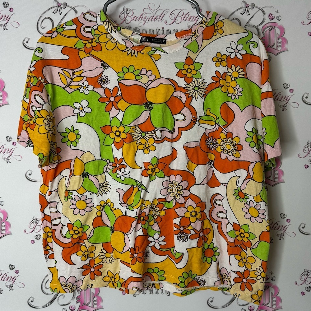 Zara tshirt colorful yellow green orange pink white Floral Shirt